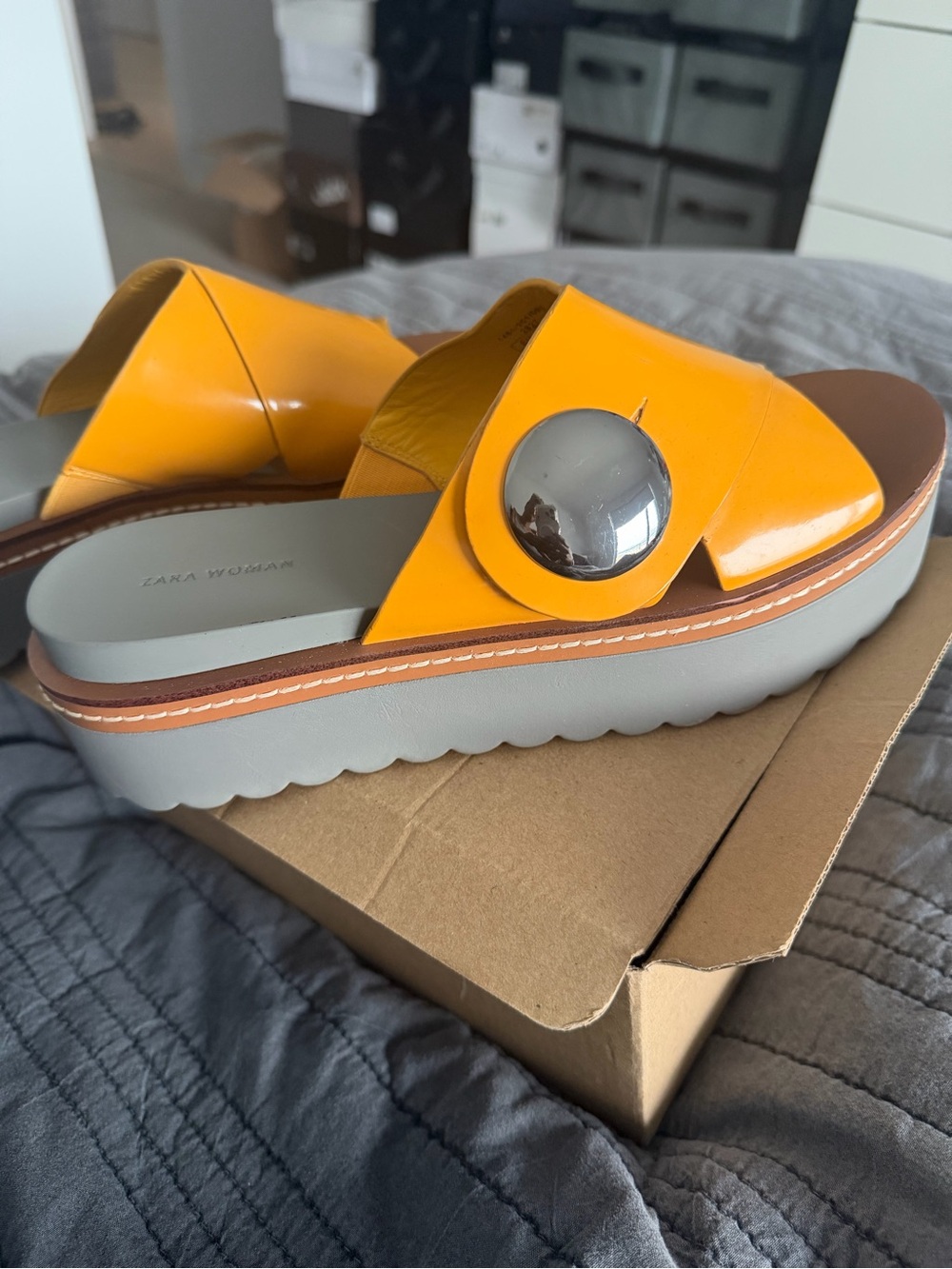 Zara Orange Patent Platform Slide Sandals with Silver Button Size 39/Size 8